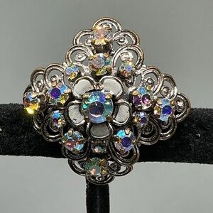 Vintage West Germany AB Rhinestone Filigree Flower Brooch Silver Tone